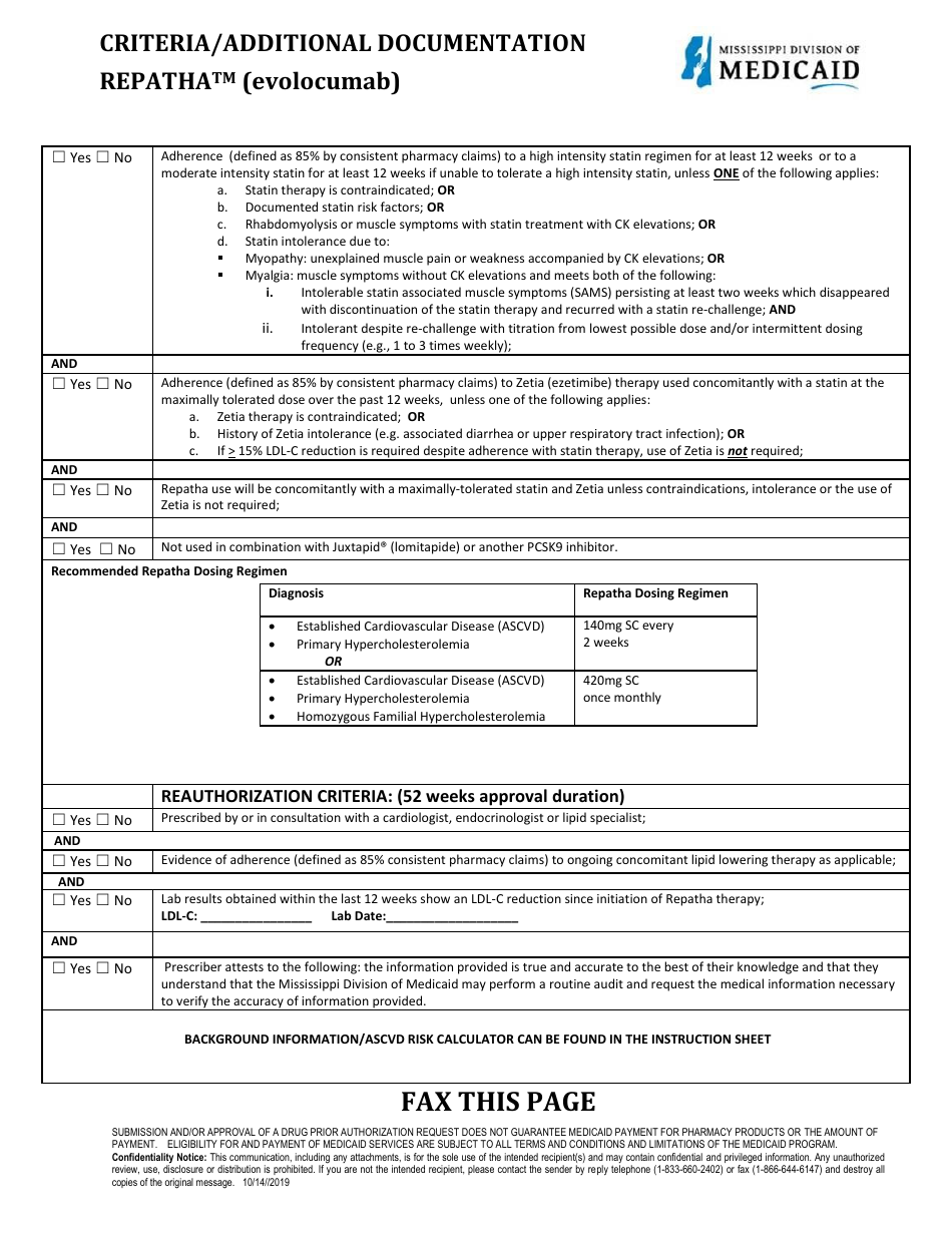 Standardized One Page Pharmacy Prior Authorization Form - Repatha - Mississippi, Page 4