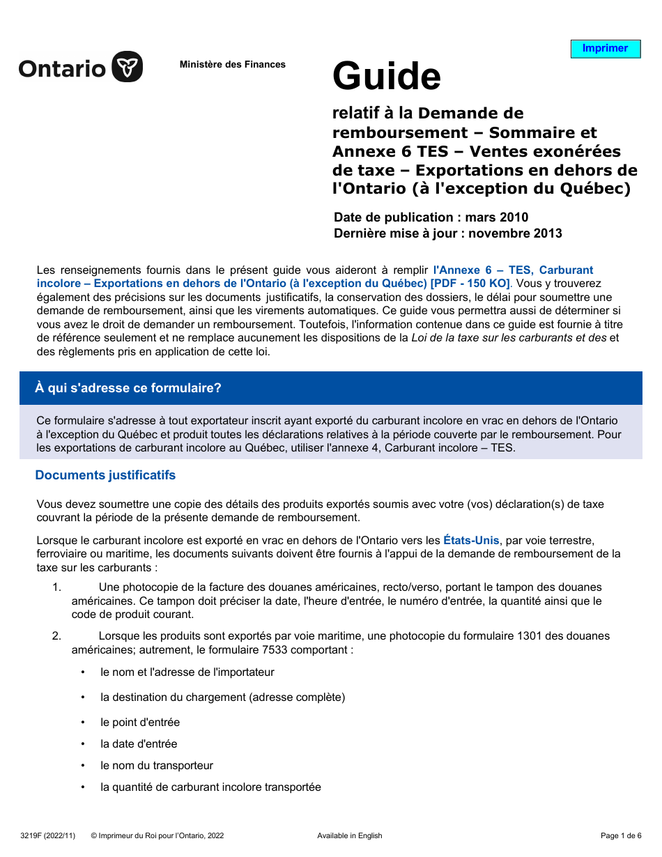 Forme 3219F Guide Relatif a La Demande De Remboursement - Sommaire Et Annexe 6 Tes - Ventes Exonerees De Taxe - Exportations En Dehors De Lontario (A Lexception Du Quebec) - Ontario, Canada (French), Page 1
