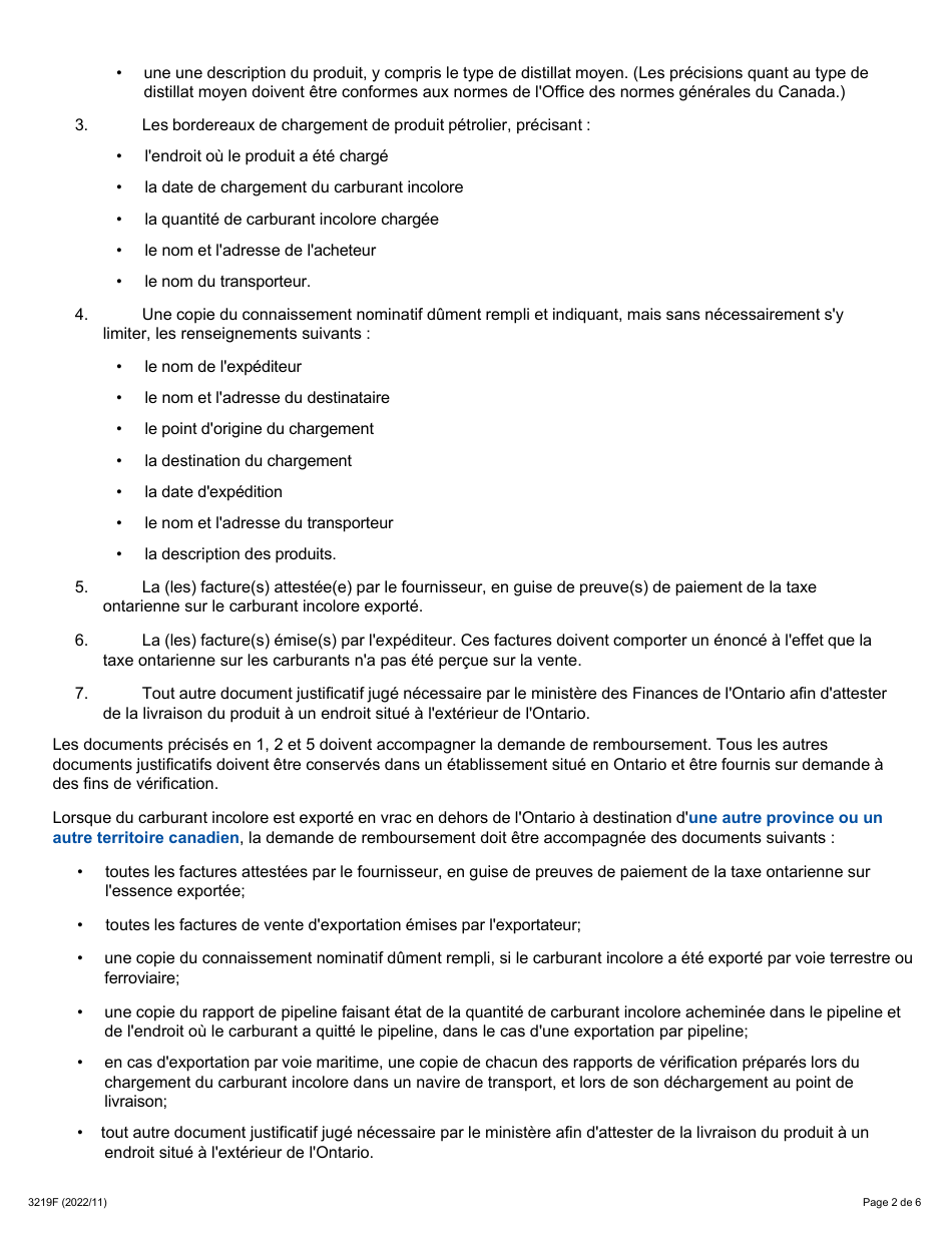 Forme 3219F Guide Relatif a La Demande De Remboursement - Sommaire Et Annexe 6 Tes - Ventes Exonerees De Taxe - Exportations En Dehors De Lontario (A Lexception Du Quebec) - Ontario, Canada (French), Page 2