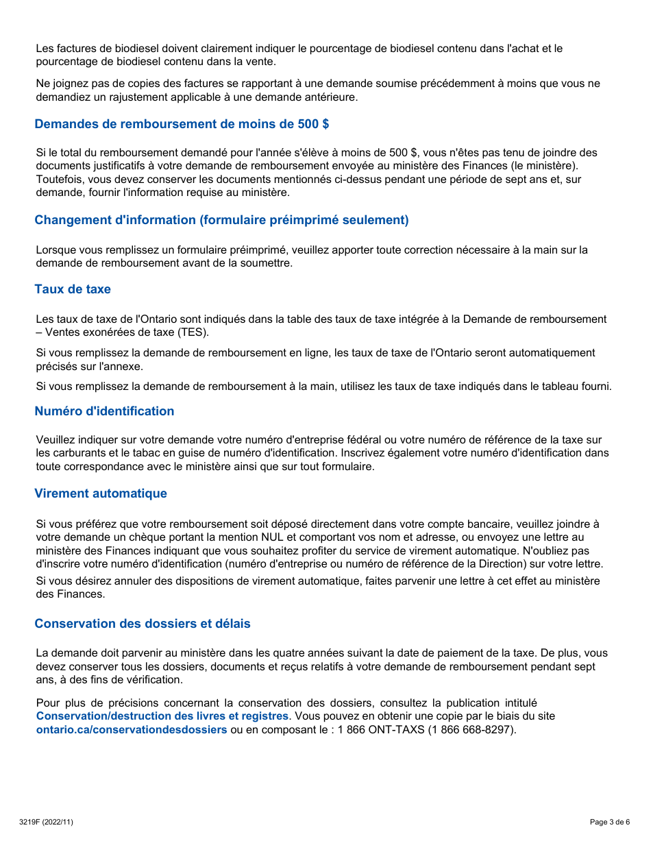 Forme 3219F Guide Relatif a La Demande De Remboursement - Sommaire Et Annexe 6 Tes - Ventes Exonerees De Taxe - Exportations En Dehors De Lontario (A Lexception Du Quebec) - Ontario, Canada (French), Page 3
