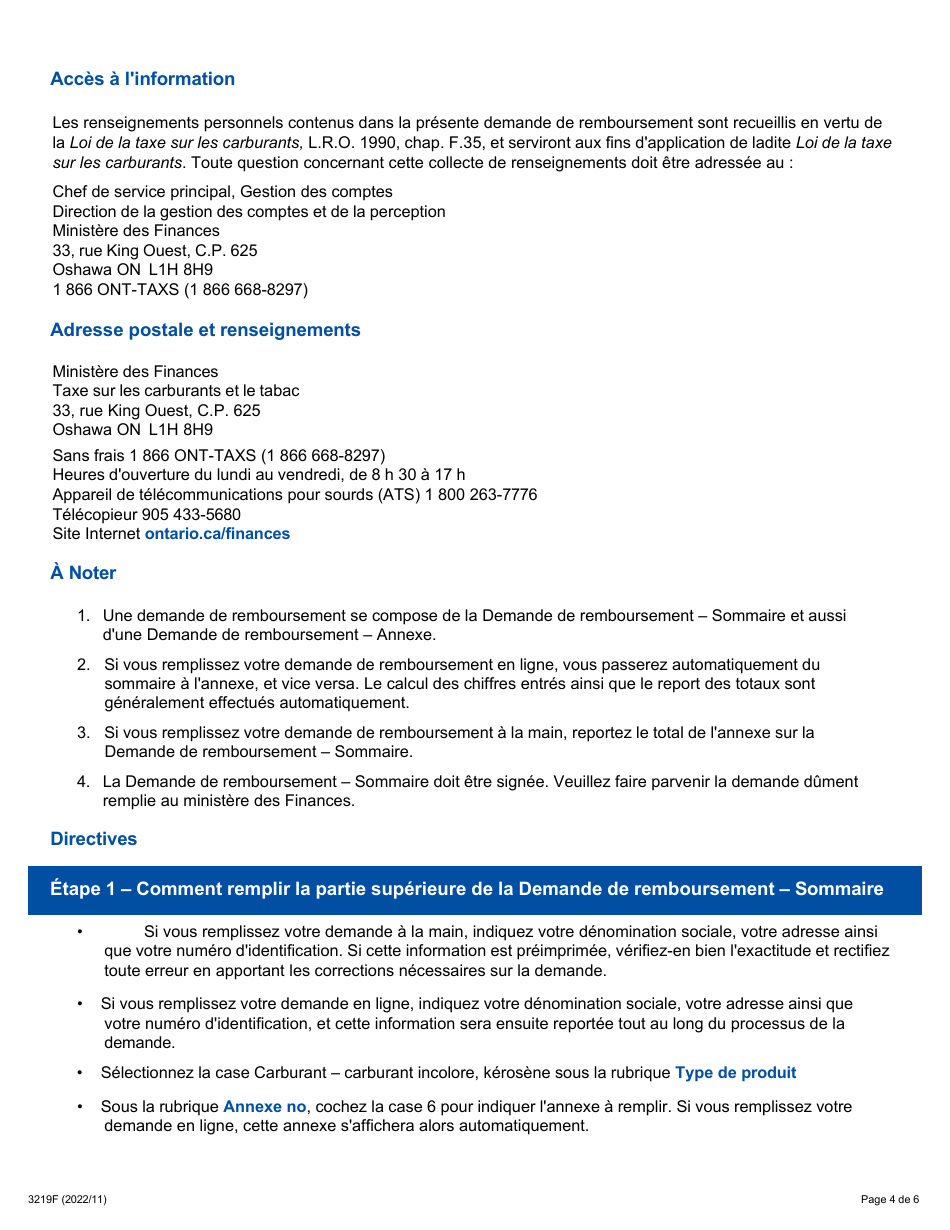 Forme 3219F Guide Relatif a La Demande De Remboursement - Sommaire Et Annexe 6 Tes - Ventes Exonerees De Taxe - Exportations En Dehors De Lontario (A Lexception Du Quebec) - Ontario, Canada (French), Page 4