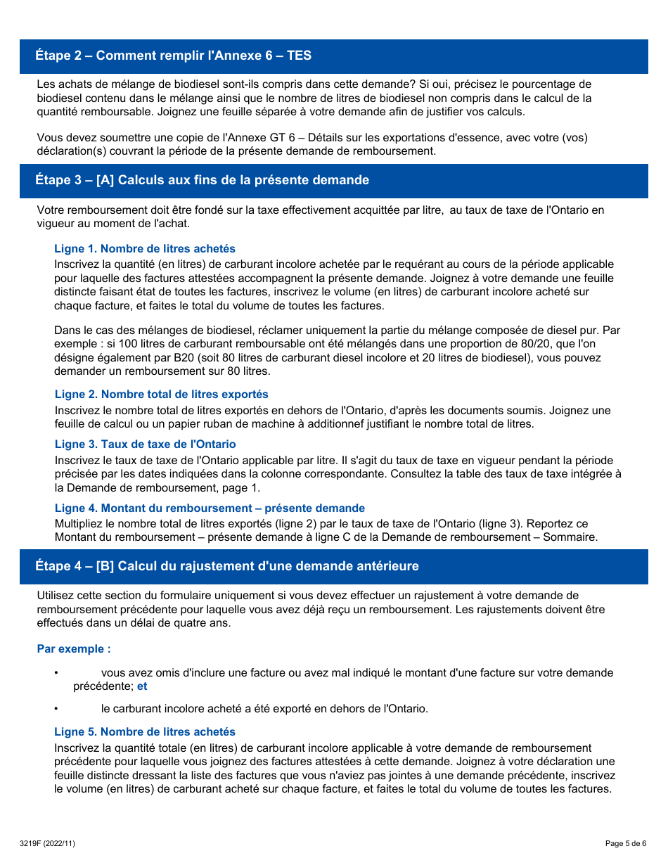 Forme 3219F Guide Relatif a La Demande De Remboursement - Sommaire Et Annexe 6 Tes - Ventes Exonerees De Taxe - Exportations En Dehors De Lontario (A Lexception Du Quebec) - Ontario, Canada (French), Page 5