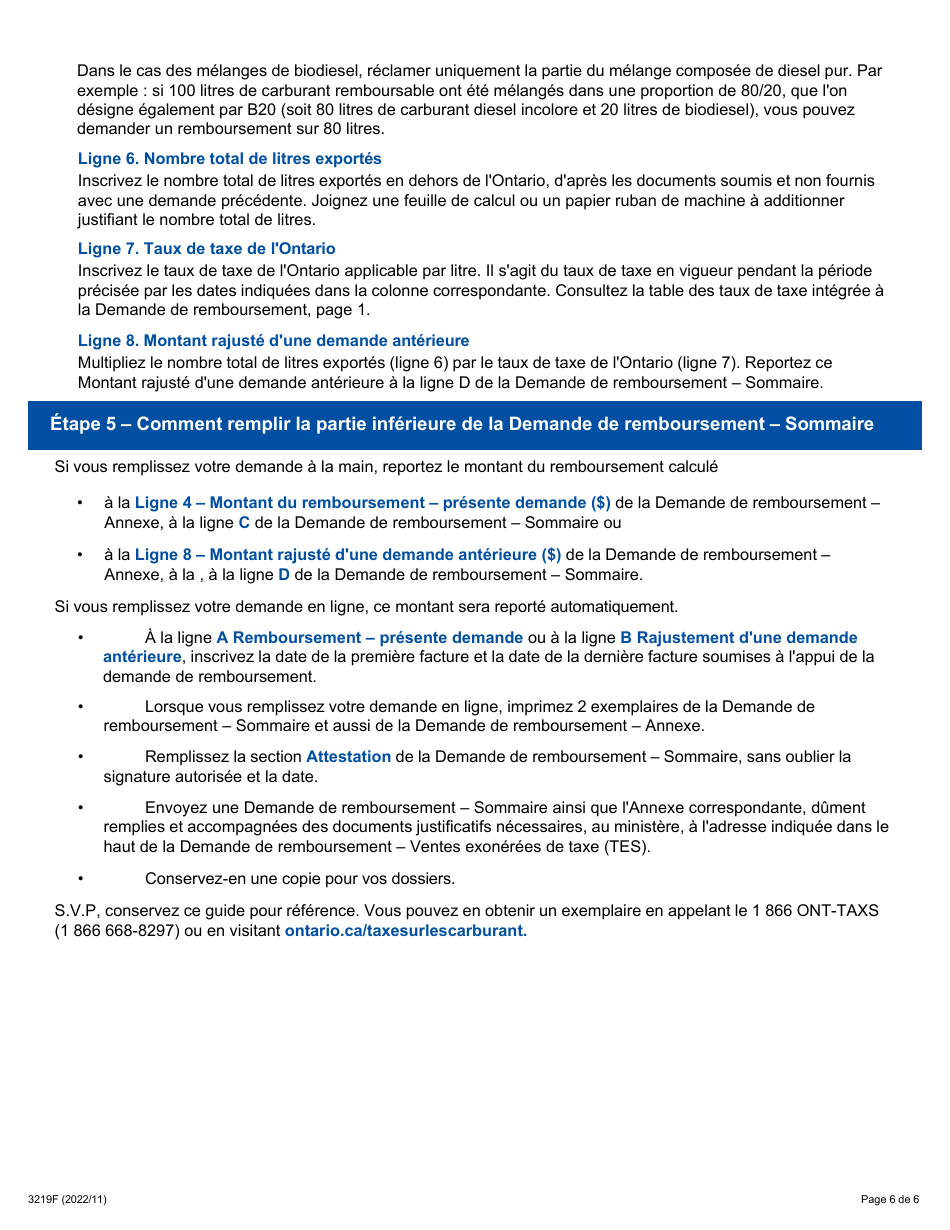 Forme 3219F Guide Relatif a La Demande De Remboursement - Sommaire Et Annexe 6 Tes - Ventes Exonerees De Taxe - Exportations En Dehors De Lontario (A Lexception Du Quebec) - Ontario, Canada (French), Page 6