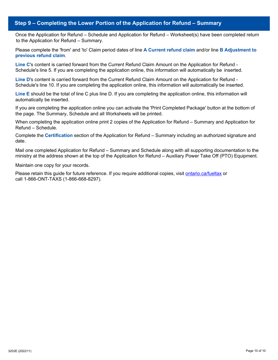 Instructions for Form 0549E Application for Refund Auxiliary Power Take off (Pto) Equipment (Pto Activity Prior to July 1, 2017) - Ontario, Canada, Page 10