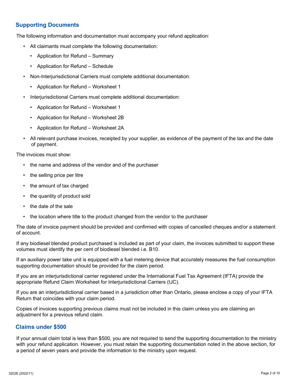 Instructions for Form 0549E Application for Refund Auxiliary Power Take off (Pto) Equipment (Pto Activity Prior to July 1, 2017) - Ontario, Canada, Page 2