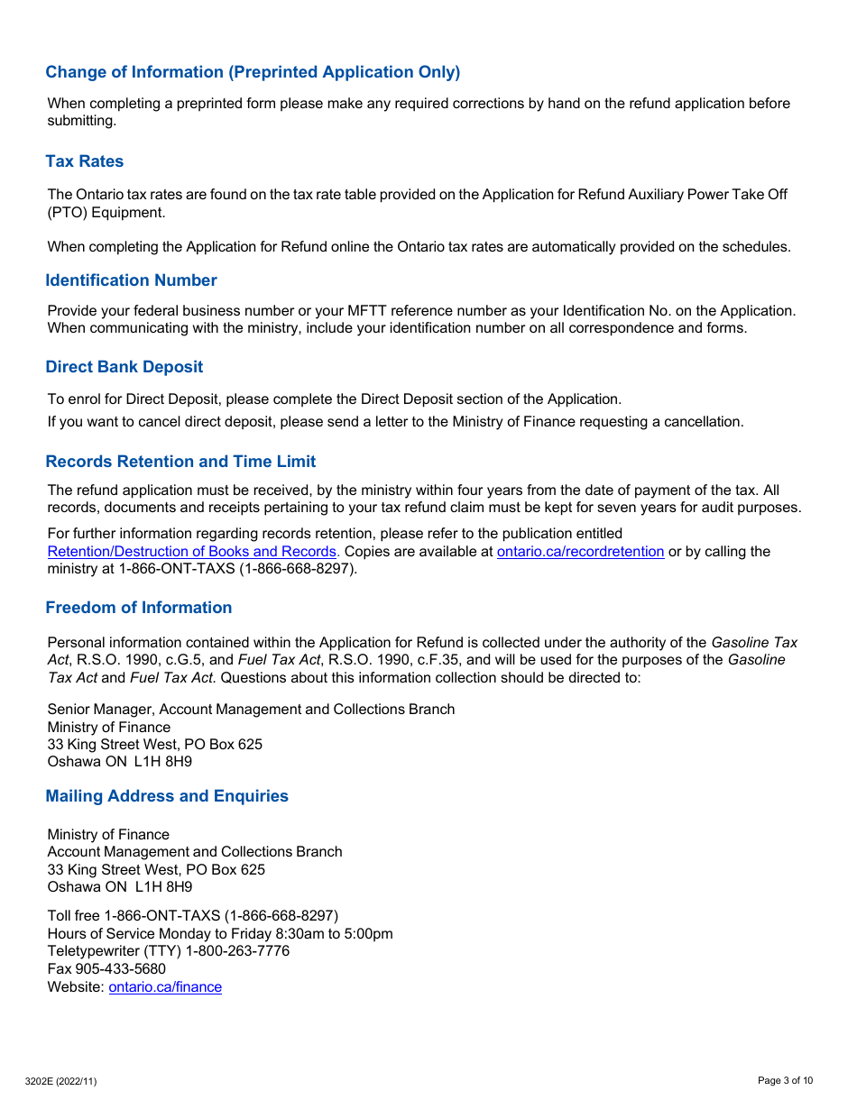 Instructions for Form 0549E Application for Refund Auxiliary Power Take off (Pto) Equipment (Pto Activity Prior to July 1, 2017) - Ontario, Canada, Page 3