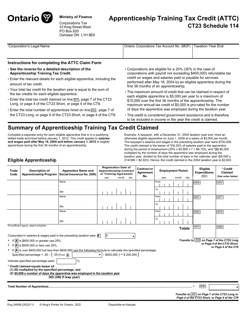 Form CT23 (2495B) Schedule 14 Apprenticeship Training Tax Credit (Attc) - Ontario, Canada, Page 1