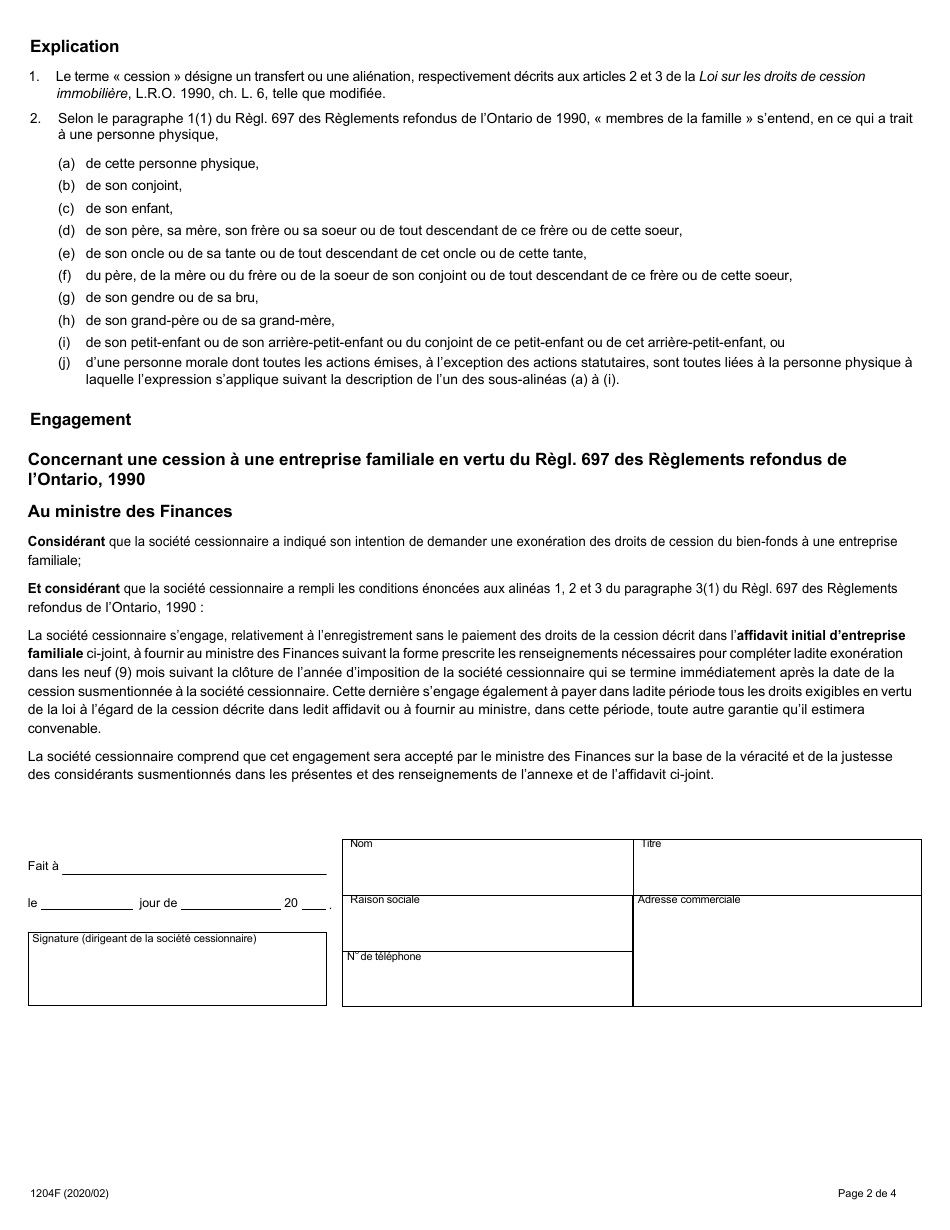Forme LT100 (1204F) Affidavit Initial Dentreprise Familiale - Ontario, Canada (French), Page 2