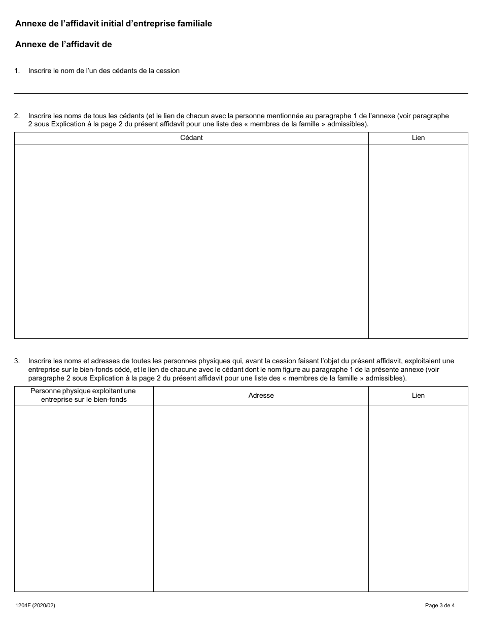 Forme LT100 (1204F) Affidavit Initial Dentreprise Familiale - Ontario, Canada (French), Page 3