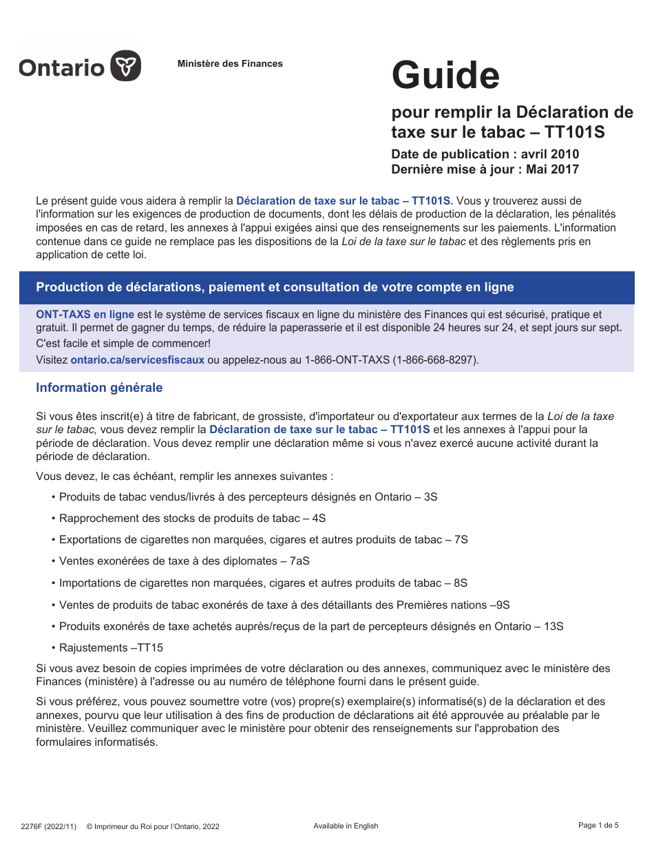 Forme 2276F Guide Pour Remplir La Declaration De Taxe Sur Le Tabac - Tt101s - Ontario, Canada (French), Page 1