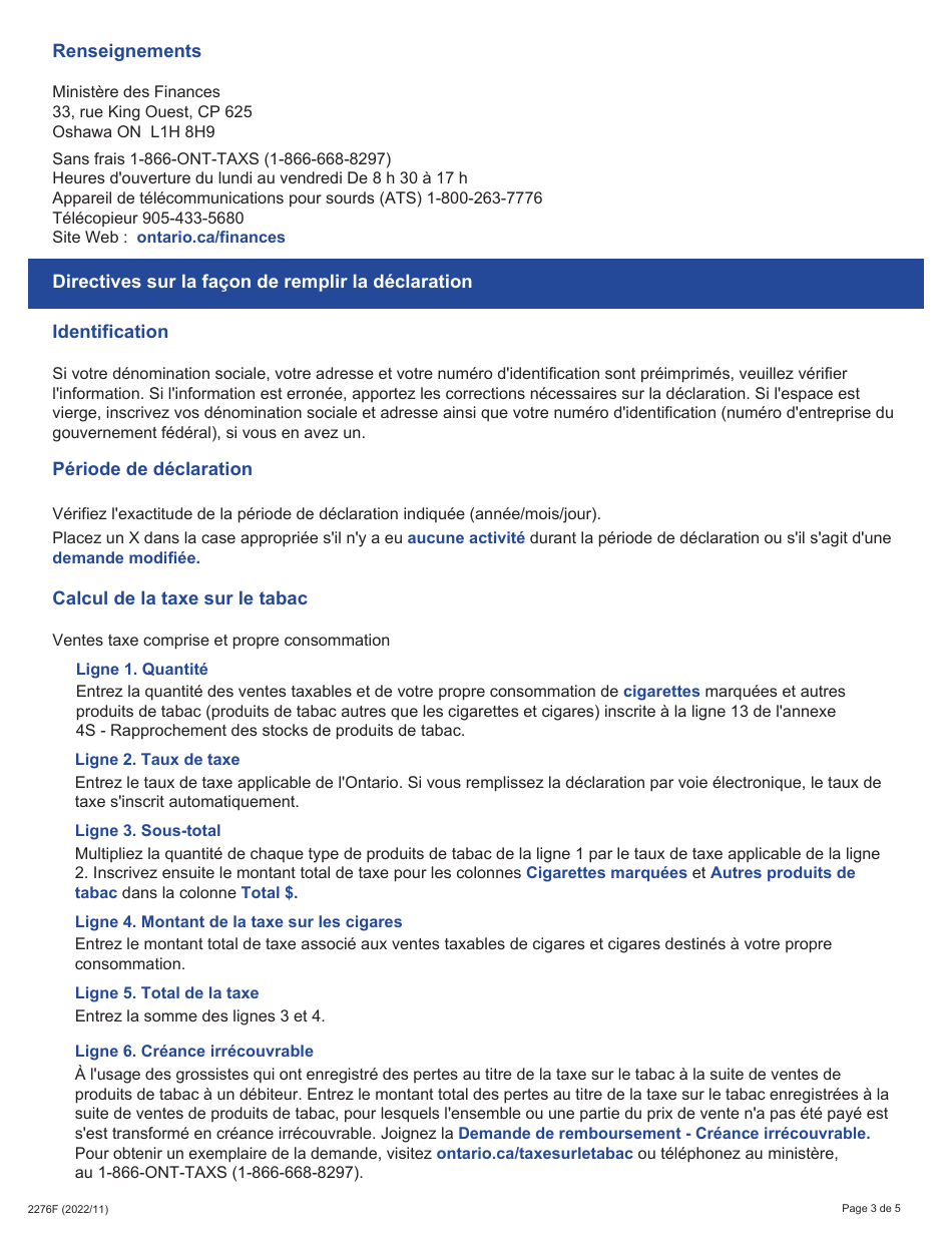 Forme 2276F Guide Pour Remplir La Declaration De Taxe Sur Le Tabac - Tt101s - Ontario, Canada (French), Page 3