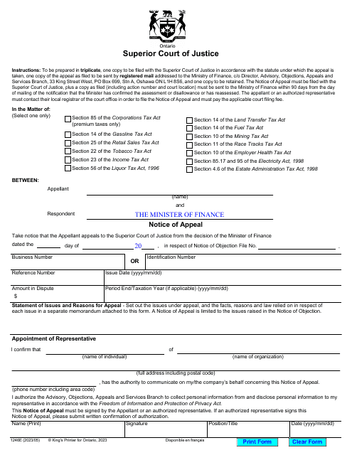 Form 1246E Notice of Appeal - Ontario, Canada