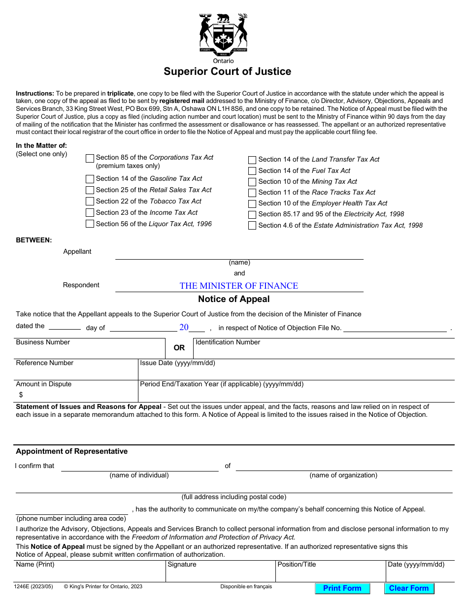 Form 1246E Notice of Appeal - Ontario, Canada, Page 1