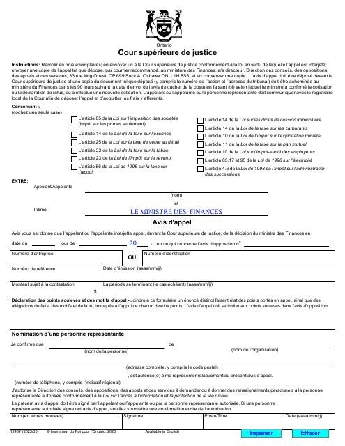 Forme 1246F Avis D'appel - Ontario, Canada (French)