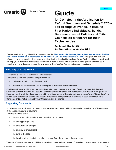 Instructions for Form 3215E, 0547E Application for Refund Summary and Schedule 2 Tes - Tax Exempt Deliveries, in Bulk, to First Nations Individuals, Bands, Band-Empowered Entities and Tribal Councils on a Reserve for Their Exclusive Use - Ontario, Canada
