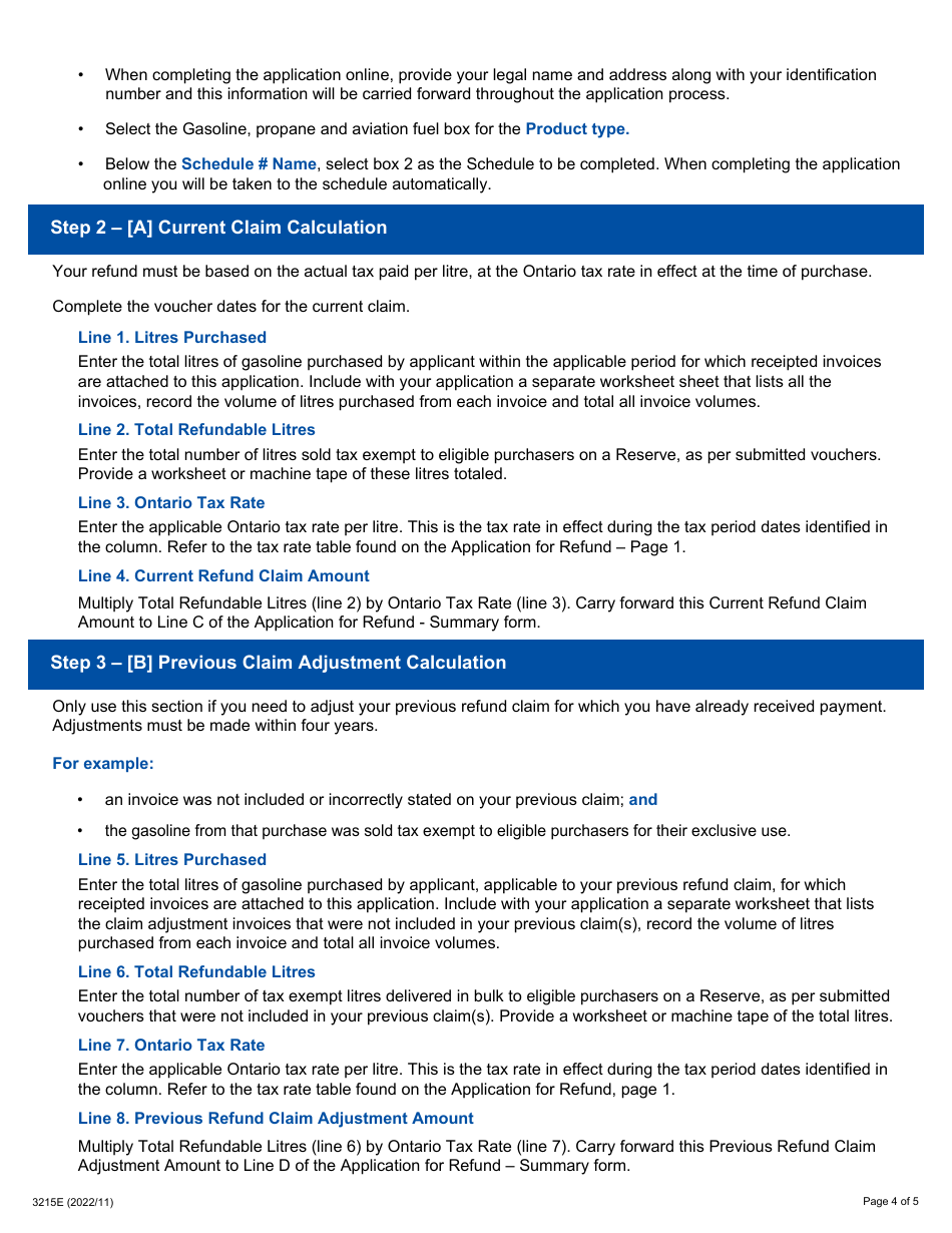 Instructions for Form 3215E, 0547E Application for Refund Summary and Schedule 2 Tes - Tax Exempt Deliveries, in Bulk, to First Nations Individuals, Bands, Band-Empowered Entities and Tribal Councils on a Reserve for Their Exclusive Use - Ontario, Canada, Page 4