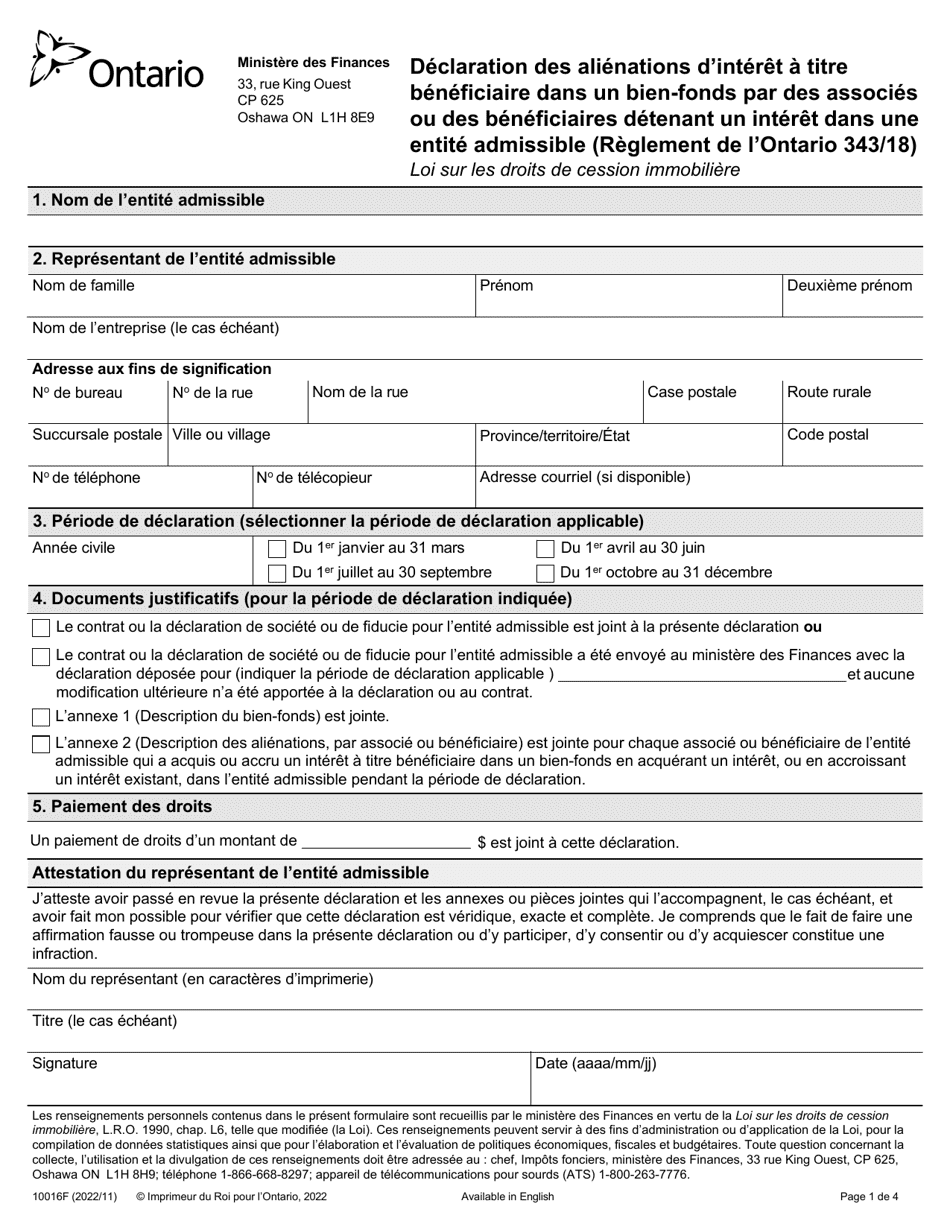 Forme 10016F Declaration DES Alienations Dinteret a Titre Beneficiaire Dans Un Bien-Fonds Par DES Associes Ou DES Beneficiaires Detenant Un Interet Dans Une Entite Admissible (Reglement De Lontario 343 / 18) - Ontario, Canada (French), Page 1