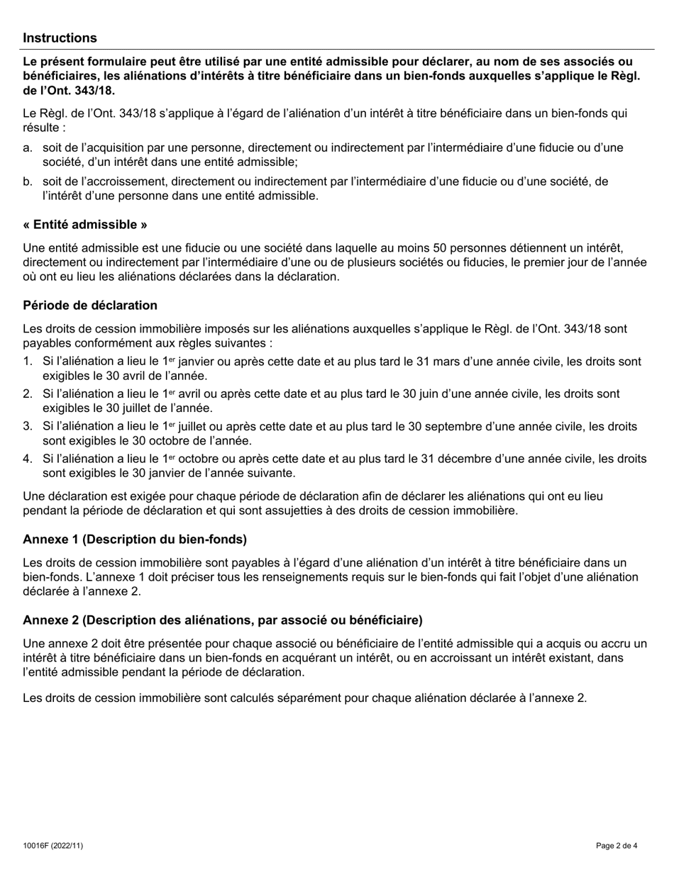 Forme 10016F Declaration DES Alienations Dinteret a Titre Beneficiaire Dans Un Bien-Fonds Par DES Associes Ou DES Beneficiaires Detenant Un Interet Dans Une Entite Admissible (Reglement De Lontario 343 / 18) - Ontario, Canada (French), Page 2