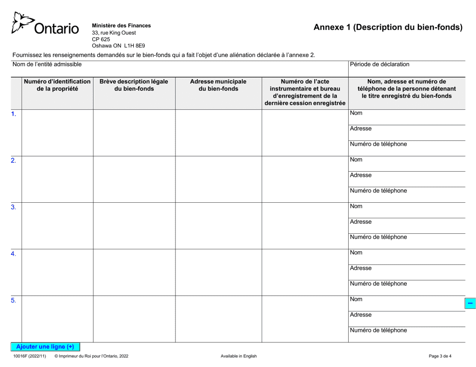 Forme 10016F Declaration DES Alienations Dinteret a Titre Beneficiaire Dans Un Bien-Fonds Par DES Associes Ou DES Beneficiaires Detenant Un Interet Dans Une Entite Admissible (Reglement De Lontario 343 / 18) - Ontario, Canada (French), Page 3