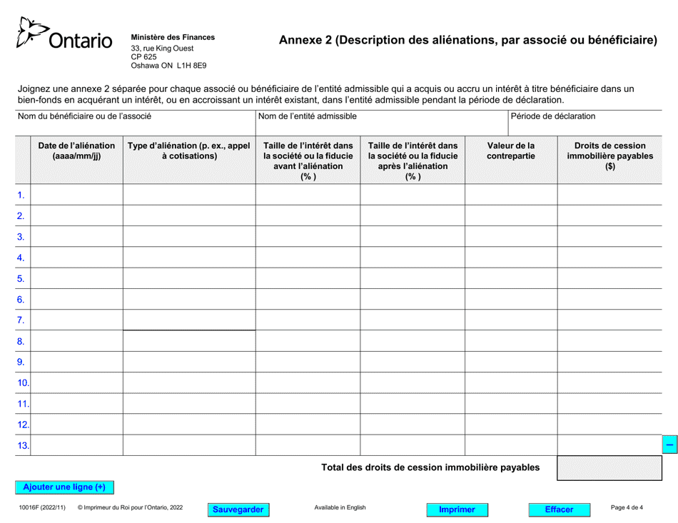 Forme 10016F Declaration DES Alienations Dinteret a Titre Beneficiaire Dans Un Bien-Fonds Par DES Associes Ou DES Beneficiaires Detenant Un Interet Dans Une Entite Admissible (Reglement De Lontario 343 / 18) - Ontario, Canada (French), Page 4