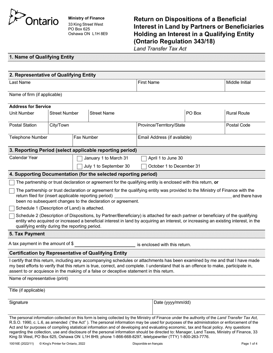 Form 10016E Return on Dispositions of a Beneficial Interest in Land by Partners or Beneficiaries Holding an Interest in a Qualifying Entity (Ontario Regulation 343 / 18) Land Transfer Tax Act - Ontario, Canada, Page 1