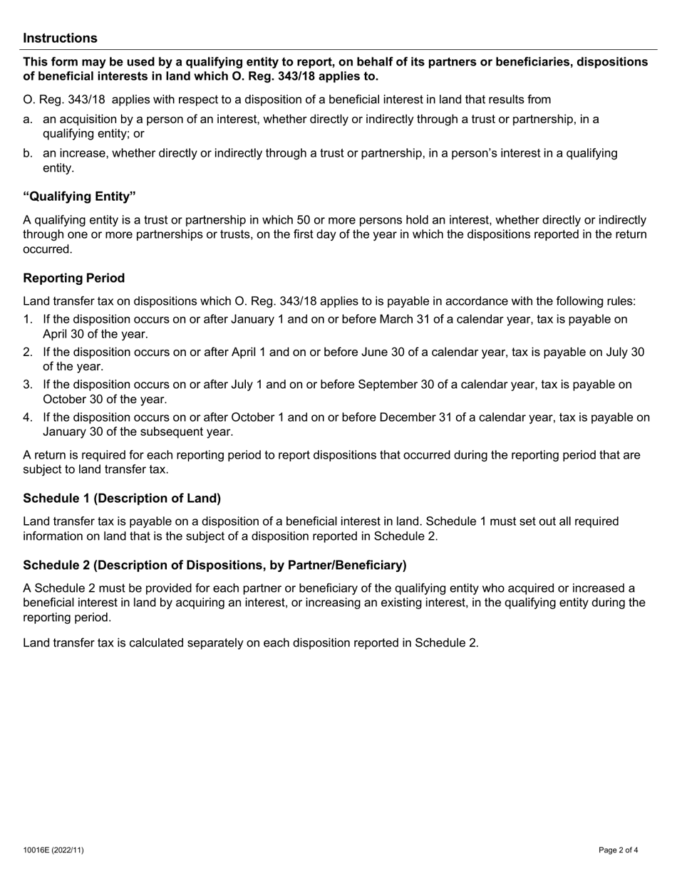 Form 10016E Return on Dispositions of a Beneficial Interest in Land by Partners or Beneficiaries Holding an Interest in a Qualifying Entity (Ontario Regulation 343 / 18) Land Transfer Tax Act - Ontario, Canada, Page 2