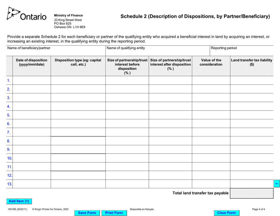 Form 10016E Return on Dispositions of a Beneficial Interest in Land by Partners or Beneficiaries Holding an Interest in a Qualifying Entity (Ontario Regulation 343 / 18) Land Transfer Tax Act - Ontario, Canada, Page 4