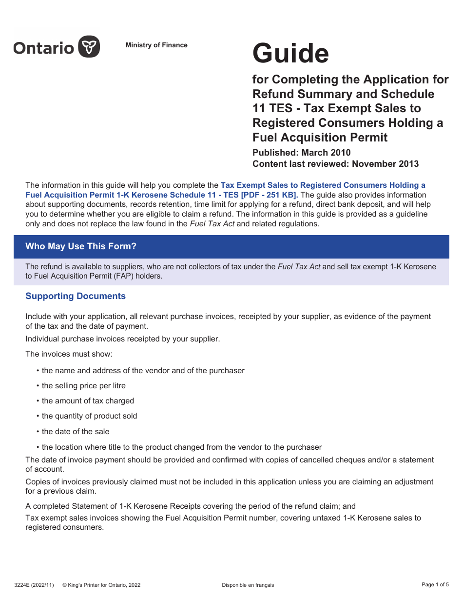 Form 3224E Guide for Completing the Application for Refund Summary and Schedule 11 Tes - Tax Exempt Sales to Registered Consumers Holding a Fuel Acquisition Permit - Ontario, Canada, Page 1