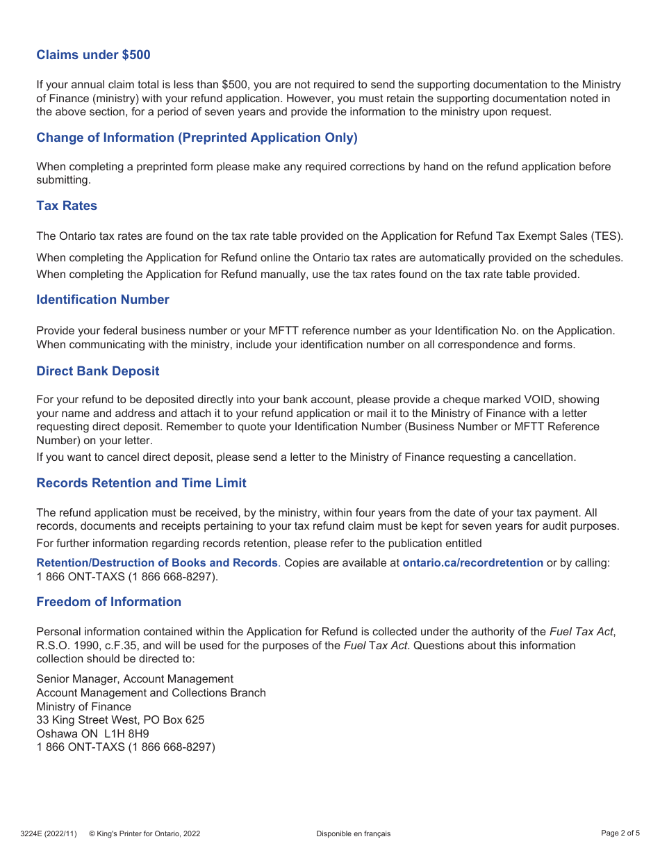 Form 3224E Guide for Completing the Application for Refund Summary and Schedule 11 Tes - Tax Exempt Sales to Registered Consumers Holding a Fuel Acquisition Permit - Ontario, Canada, Page 2