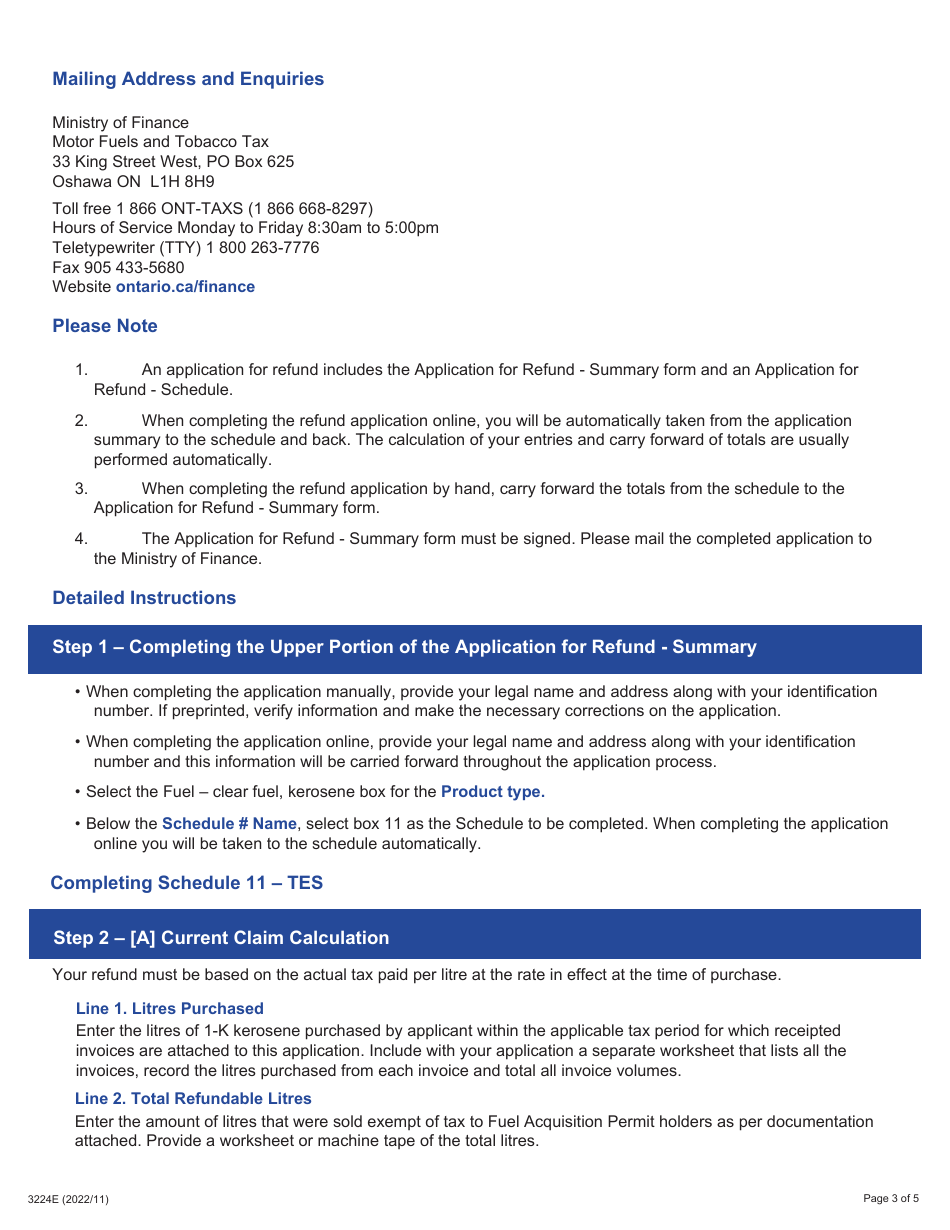 Form 3224E Guide for Completing the Application for Refund Summary and Schedule 11 Tes - Tax Exempt Sales to Registered Consumers Holding a Fuel Acquisition Permit - Ontario, Canada, Page 3