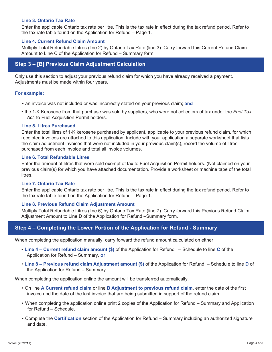 Form 3224E Guide for Completing the Application for Refund Summary and Schedule 11 Tes - Tax Exempt Sales to Registered Consumers Holding a Fuel Acquisition Permit - Ontario, Canada, Page 4