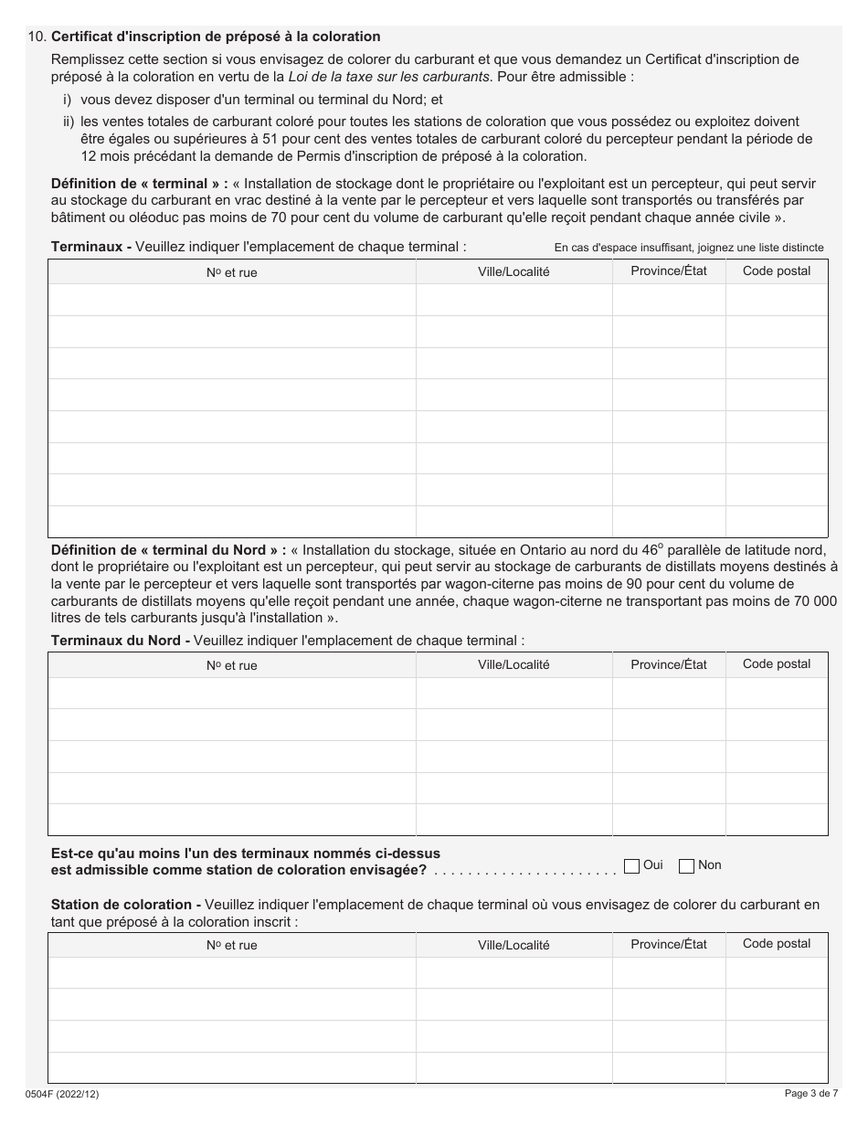 Forme 0504F Demande Dinscription - En Tant Que Fabricant, Grossiste, Prepose a La Coloration, Importateur,exportateur Et Agent Interterritorial - Loi De La Taxe Sur Lessence Et / Ou Loi De La Taxe Sur Les Carburants - Ontario, Canada (French), Page 3