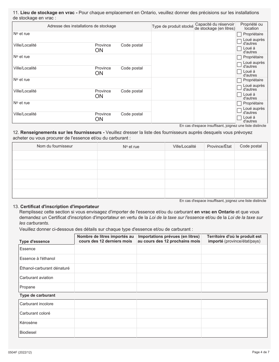 Forme 0504F Demande Dinscription - En Tant Que Fabricant, Grossiste, Prepose a La Coloration, Importateur,exportateur Et Agent Interterritorial - Loi De La Taxe Sur Lessence Et / Ou Loi De La Taxe Sur Les Carburants - Ontario, Canada (French), Page 4