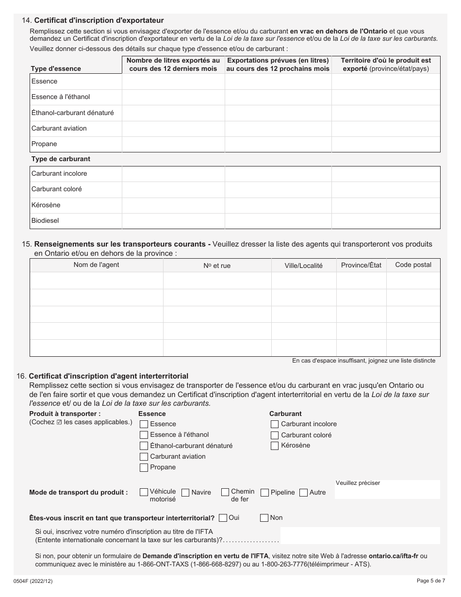 Forme 0504F Demande Dinscription - En Tant Que Fabricant, Grossiste, Prepose a La Coloration, Importateur,exportateur Et Agent Interterritorial - Loi De La Taxe Sur Lessence Et / Ou Loi De La Taxe Sur Les Carburants - Ontario, Canada (French), Page 5