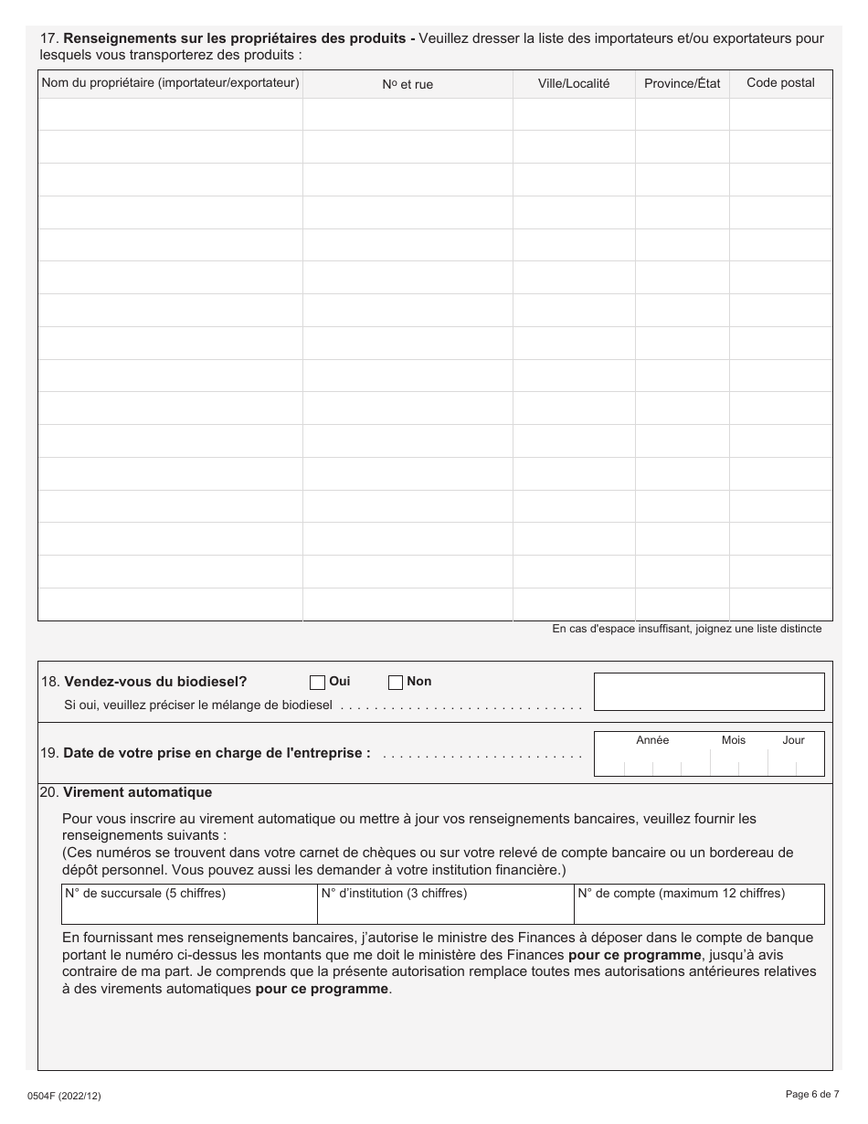 Forme 0504F Demande Dinscription - En Tant Que Fabricant, Grossiste, Prepose a La Coloration, Importateur,exportateur Et Agent Interterritorial - Loi De La Taxe Sur Lessence Et / Ou Loi De La Taxe Sur Les Carburants - Ontario, Canada (French), Page 6