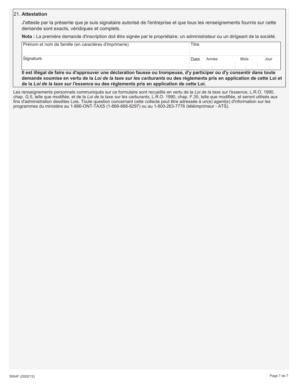 Forme 0504F Demande Dinscription - En Tant Que Fabricant, Grossiste, Prepose a La Coloration, Importateur,exportateur Et Agent Interterritorial - Loi De La Taxe Sur Lessence Et / Ou Loi De La Taxe Sur Les Carburants - Ontario, Canada (French), Page 7
