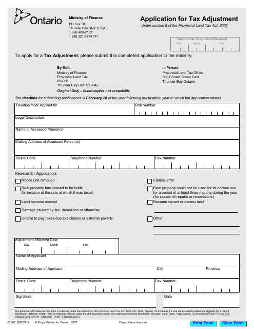 Form 0254E Application for Tax Adjustment - Ontario, Canada