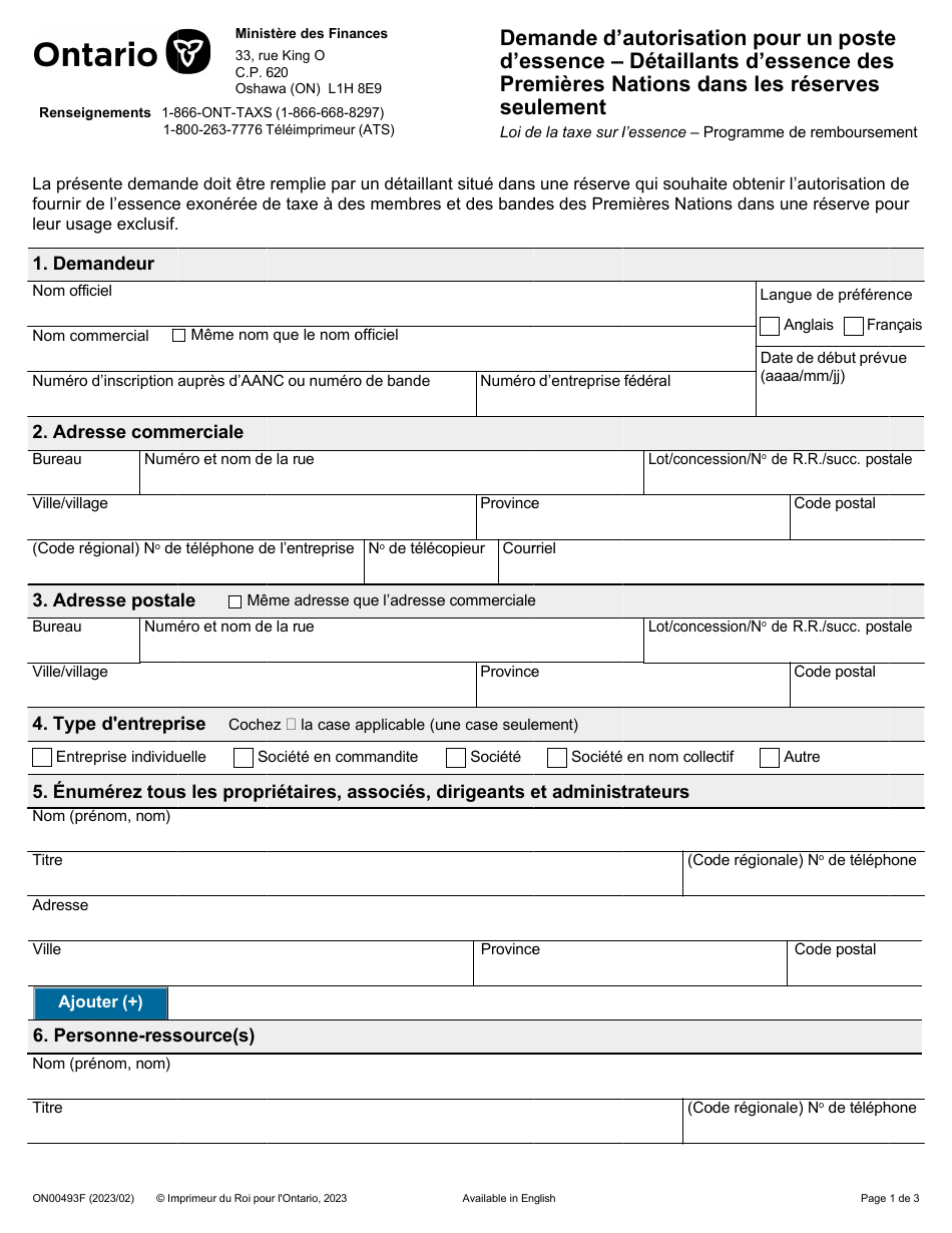 Forme ON00493F Demande Dautorisation Pour Un Poste Dessence - Detaillants Dessence DES Premieres Nations Dans Les Reserves Seulement - Ontario, Canada (French), Page 1