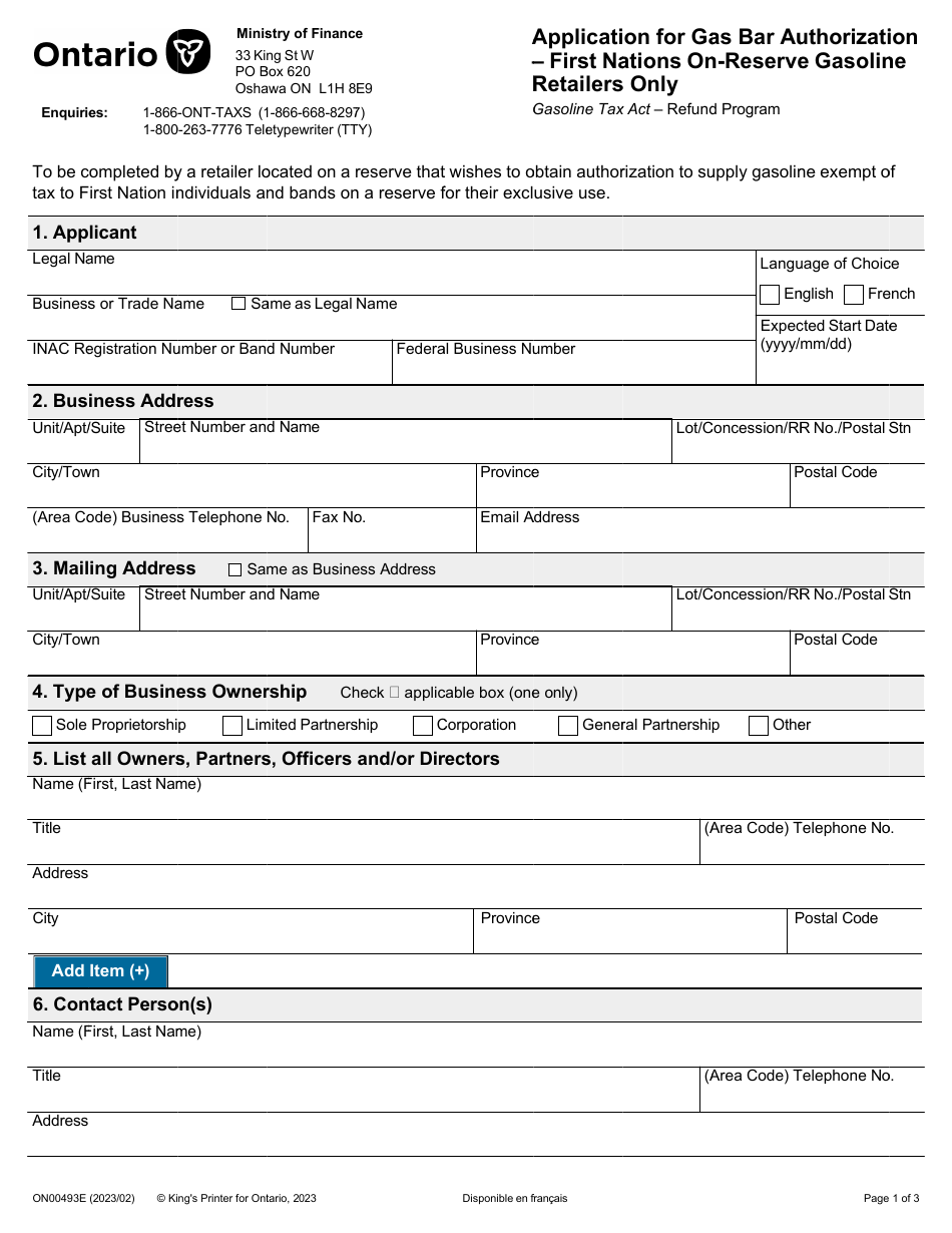 Form ON00493E Application for Gas Bar Authorization - First Nations on-Reserve Gasoline Retailers Only - Ontario, Canada, Page 1