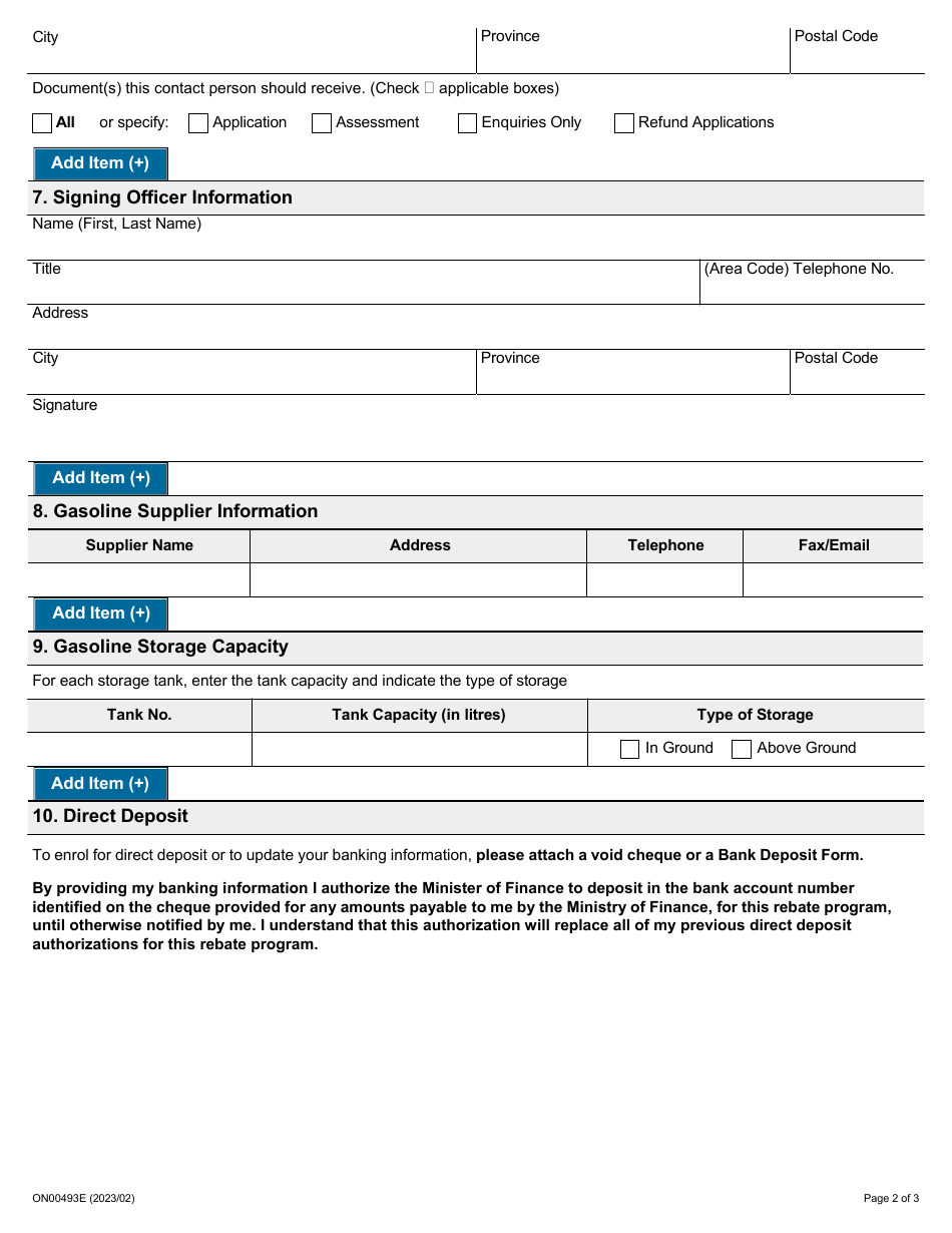 Form ON00493E Application for Gas Bar Authorization - First Nations on-Reserve Gasoline Retailers Only - Ontario, Canada, Page 2