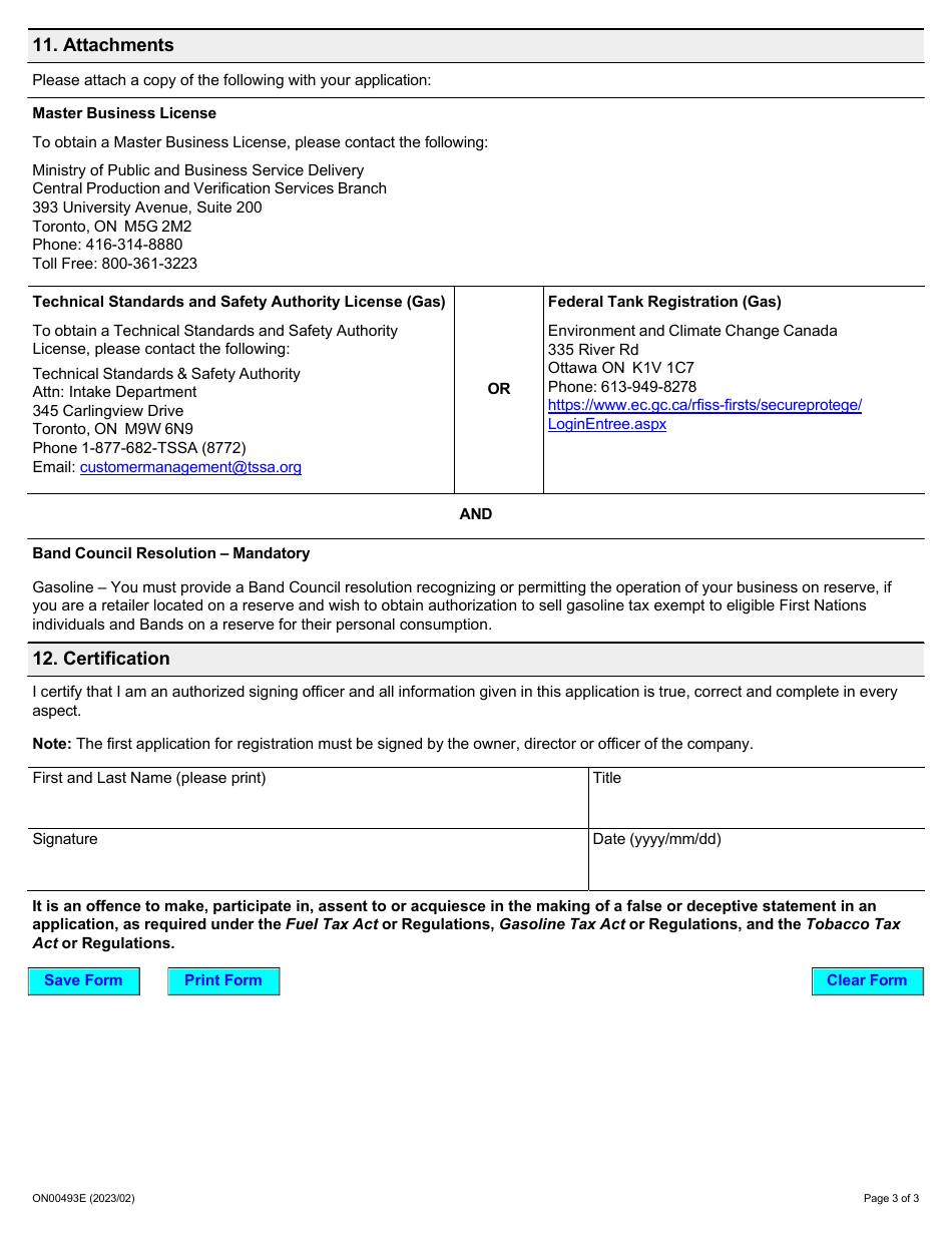 Form ON00493E Application for Gas Bar Authorization - First Nations on-Reserve Gasoline Retailers Only - Ontario, Canada, Page 3