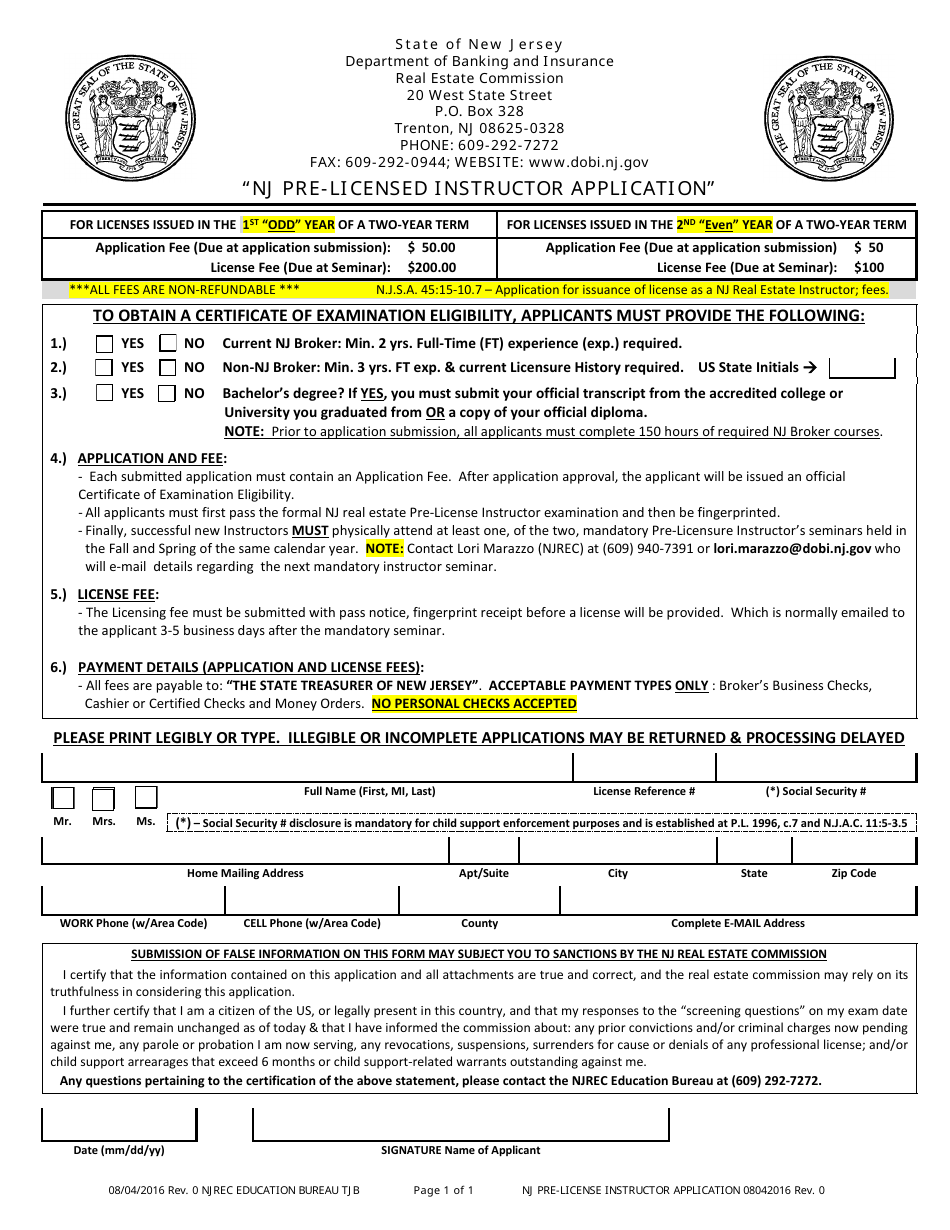 Nj Pre-licensed Instructor Application - New Jersey, Page 1