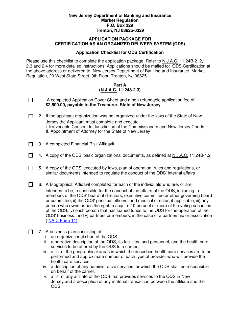Form MC-7 Application Package for Certification as an Organized Delivery System (Ods) - New Jersey, Page 1