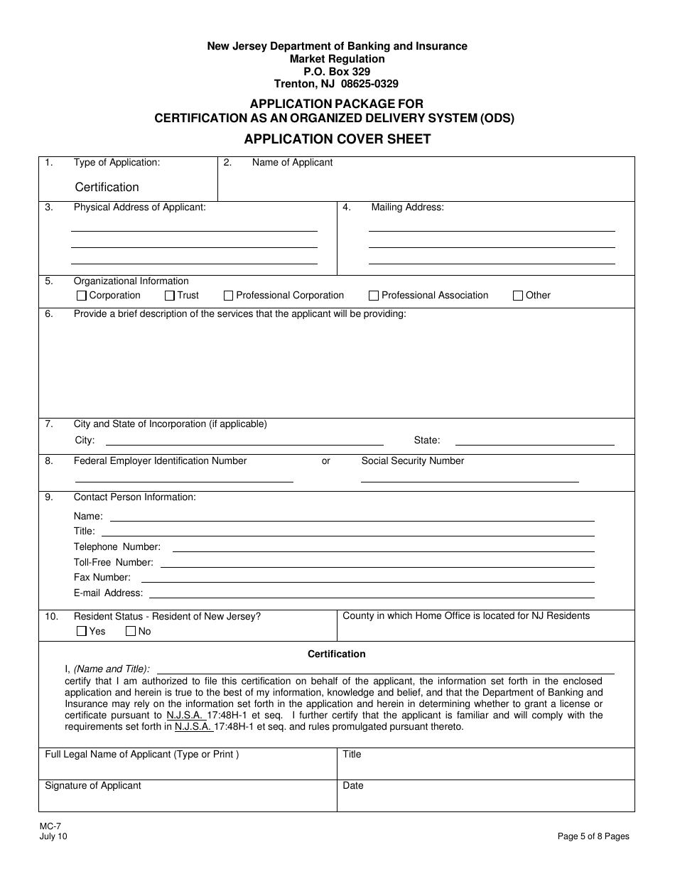 Form MC-7 Application Package for Certification as an Organized Delivery System (Ods) - New Jersey, Page 5