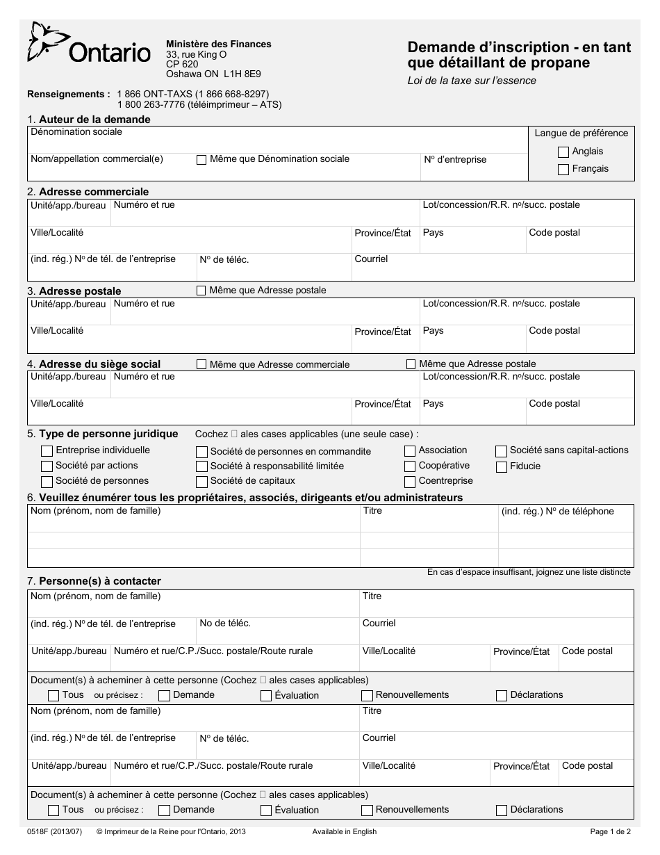 Forme 0518F Demande Dinscription - En Tant Que Detaillant De Propane - Ontario, Canada (French), Page 1