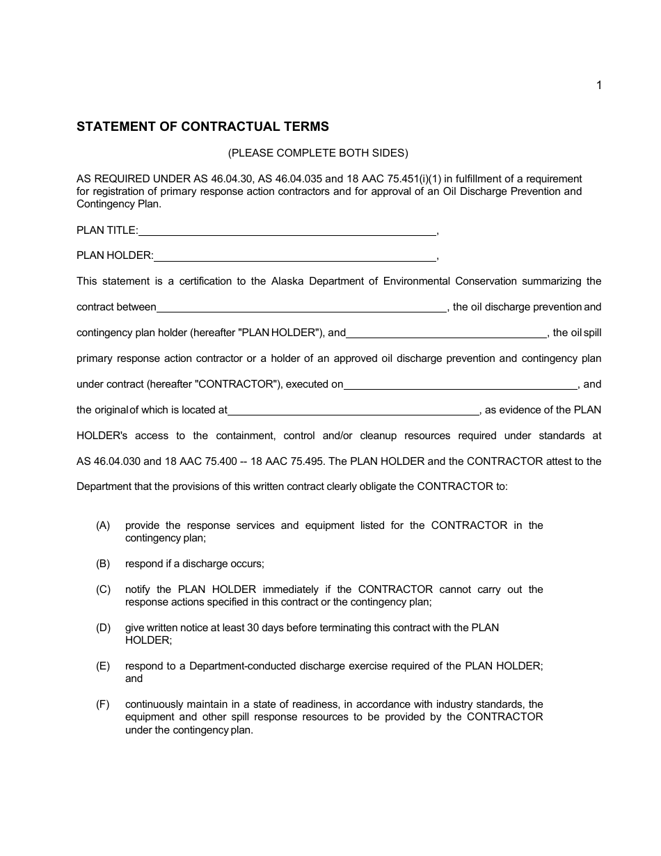 Statement of Contractual Terms - Alaska, Page 1