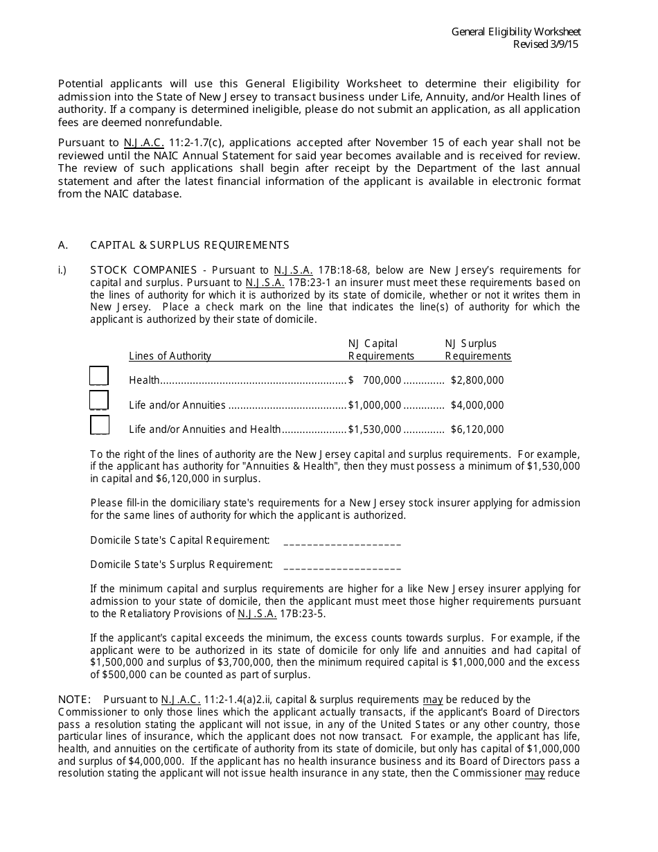 General Eligibility Worksheet - Life and Health - New Jersey, Page 1