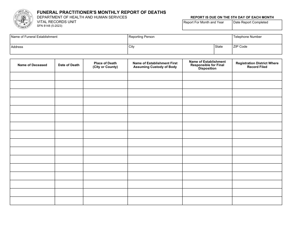 Form SFN8148 Funeral Practitioners Monthly Report of Deaths - North Dakota, Page 1