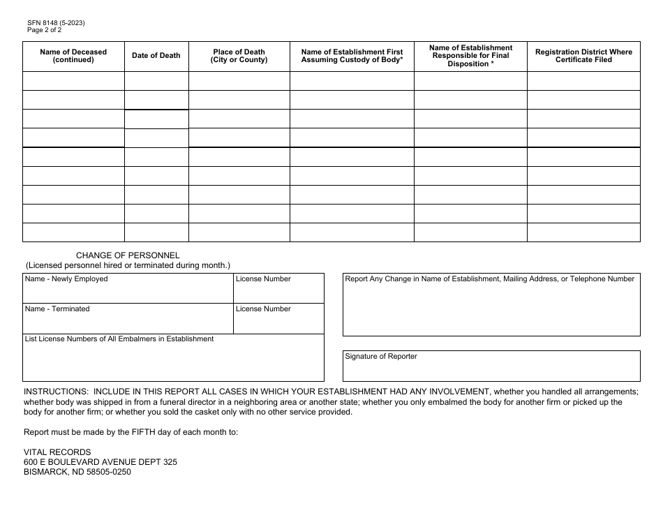 Form SFN8148 Funeral Practitioners Monthly Report of Deaths - North Dakota, Page 2