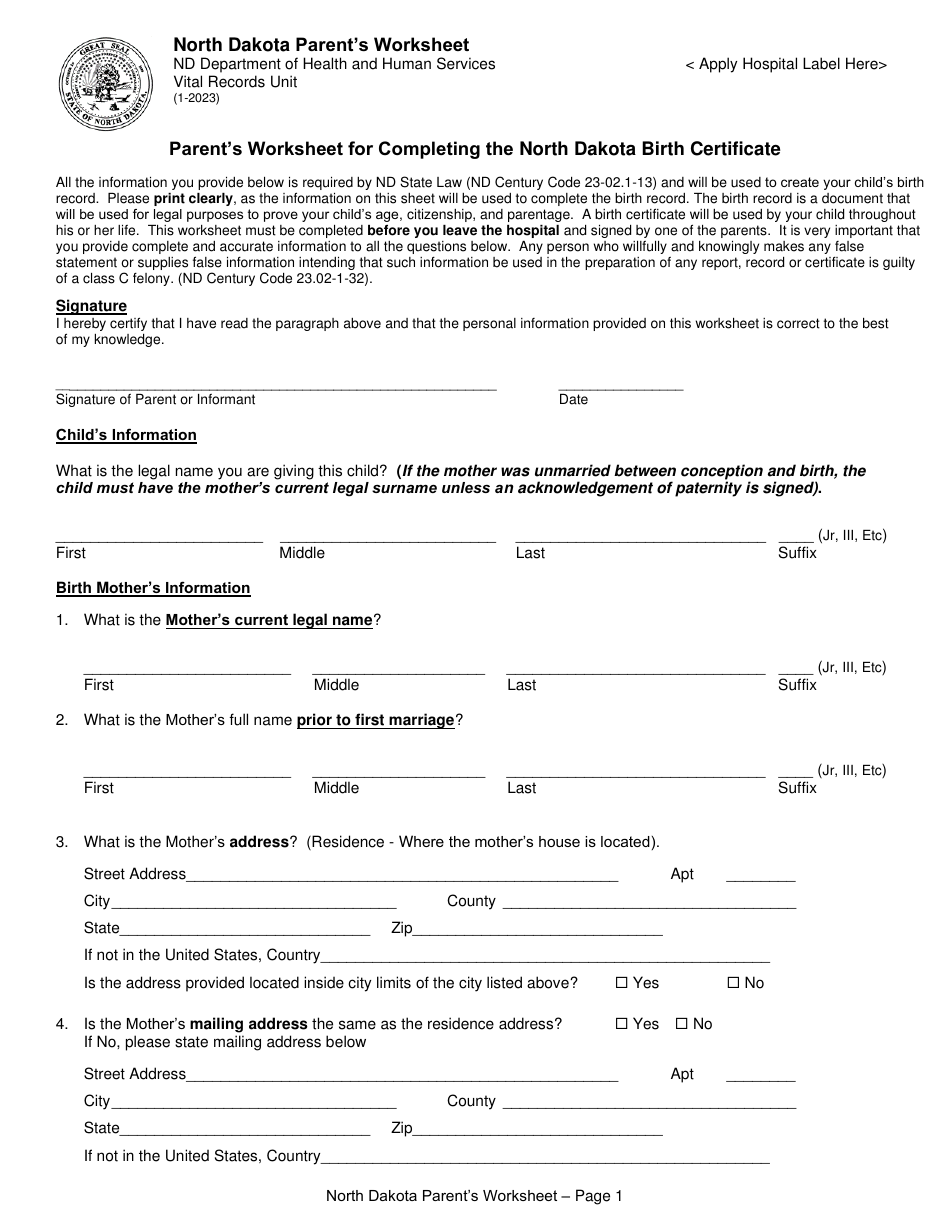 Parents Worksheet for Completing the North Dakota Birth Certificate - North Dakota, Page 1